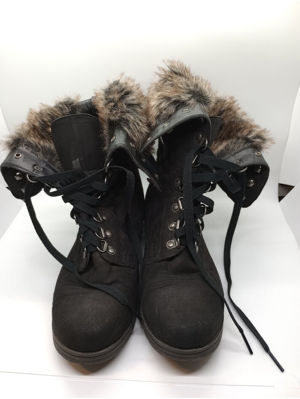 Just Fab Black Flat Boots 8.5 Adjustable Fold Down Top Lace Up 209